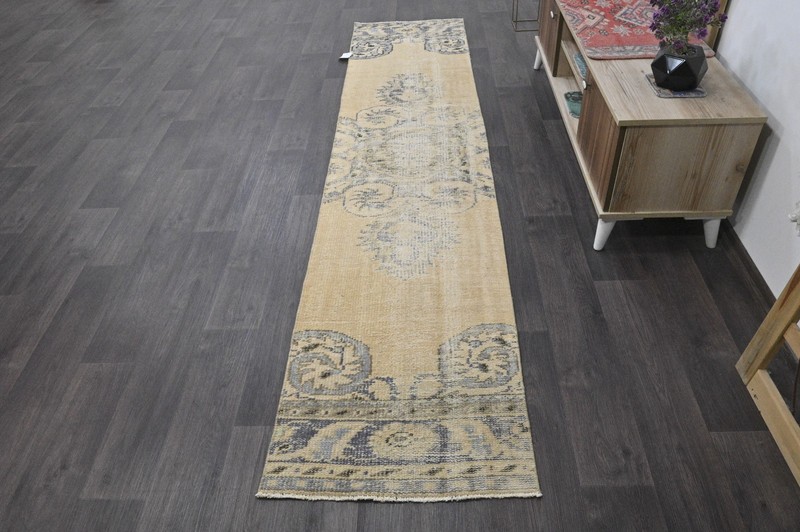 Vintage Turkish Runner Rug 2x10ft BEIGE Handmade Anatolian Oushak Hallway Wool gallery