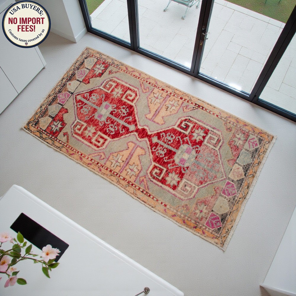 Vintage Turkish Rug Handmade Small Rug, Wool Doormat, Kitchen Rug, 2x4 ft approx