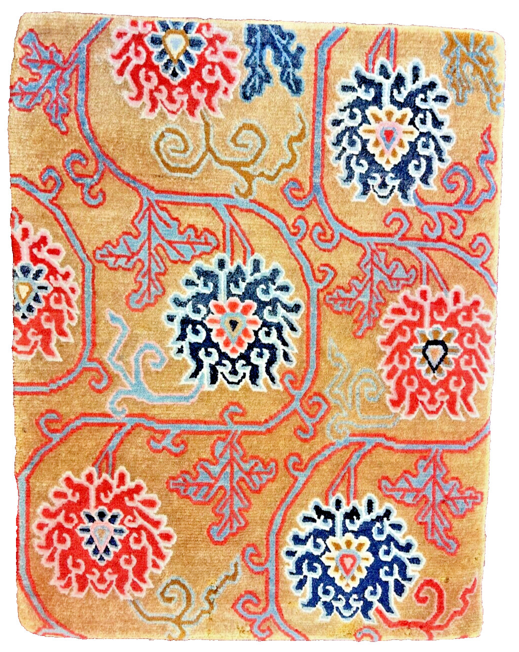 Antique Tibetan Gold Color wool Rug (HANDKNOTTED) With 7 Lotus Flower symbolism gallery