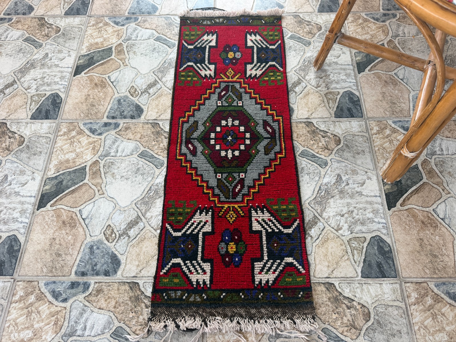 Vintage Small Anatolian Accent Rug Handknotted Red Tribal Wool Yastik Mat 1x3 ft gallery