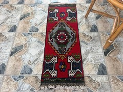Vintage Small Anatolian Accent Rug Handknotted Red Tribal Wool Yastik Mat 1×3 ft