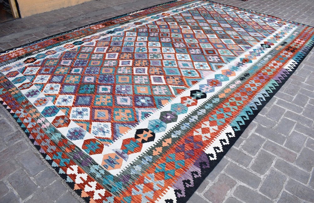 Oversized Afghan Geometric Area Rug 10x17 Handwoven Extra Large Tribal Kilim Rug