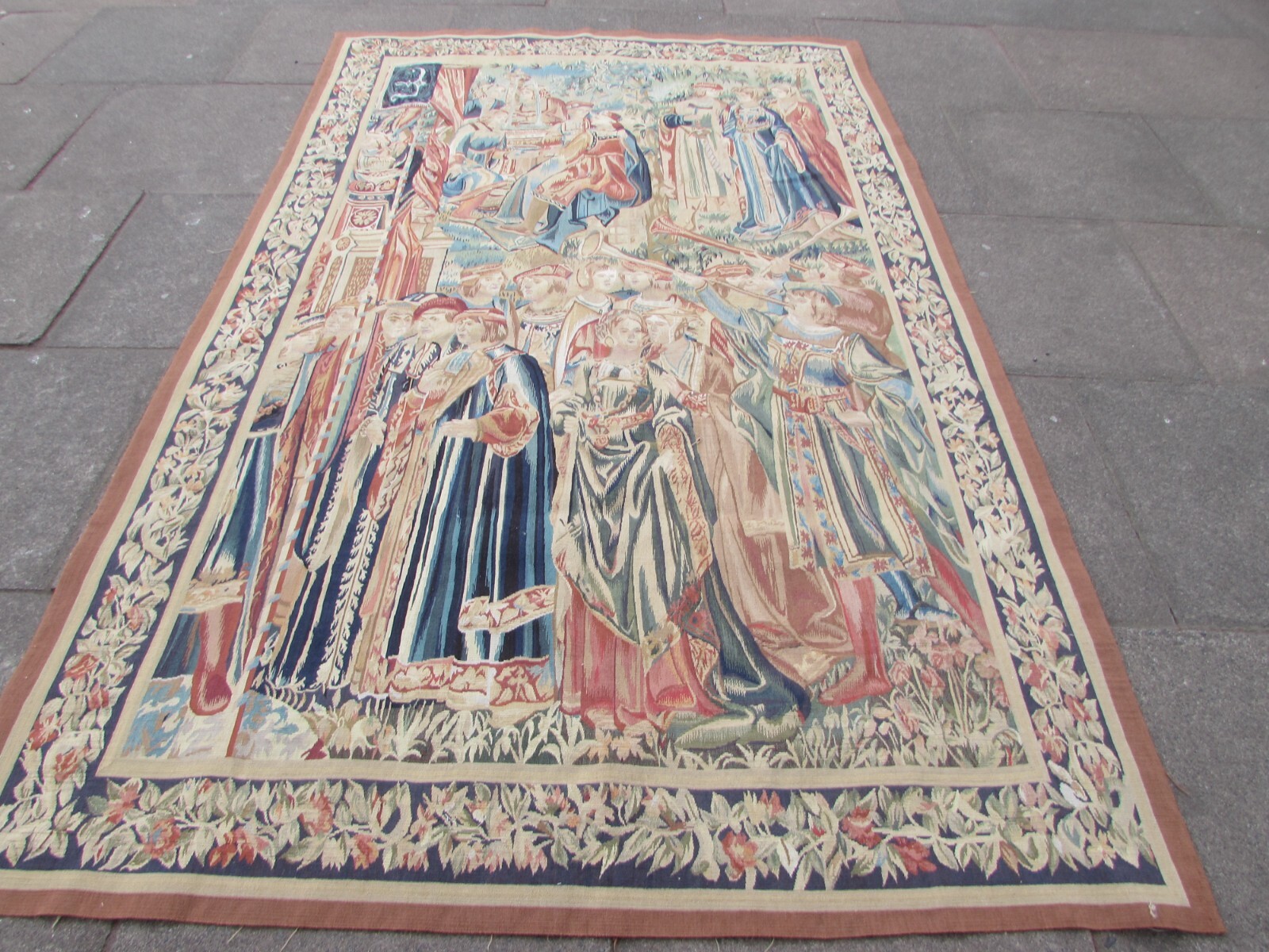 Vintage Hand Made French Design Original Wool Beige Aubusson Tapestry 268X166cm gallery