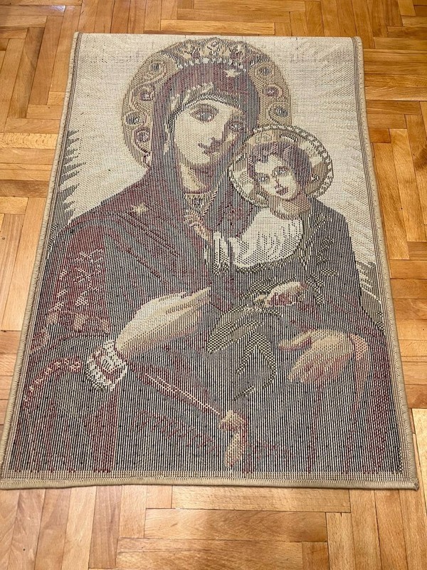 Vintage Woven Religious Tapestry Rug Mother of God with Infant Christ Thick Wall gallery