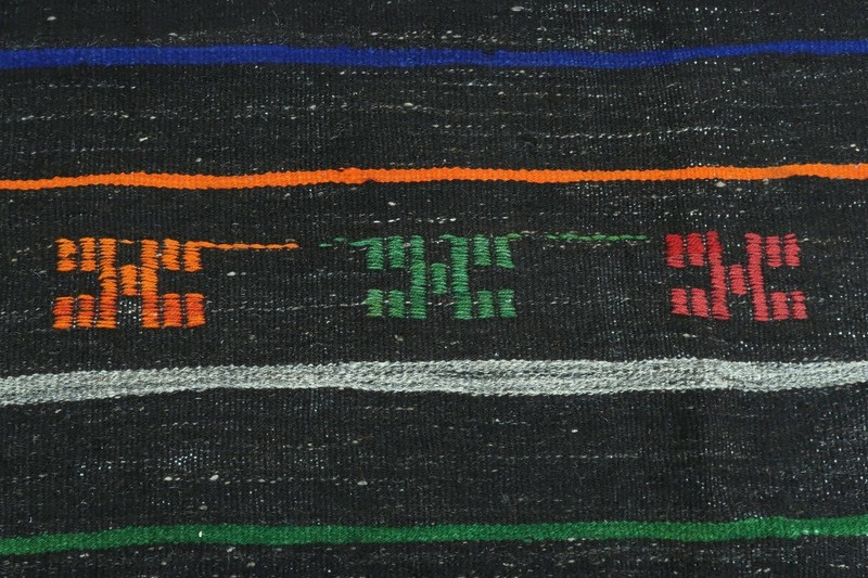 Black Striped Vintage Turkish Kelim, Handwoven Tirbal Large Carpet Rug 79"x111" gallery