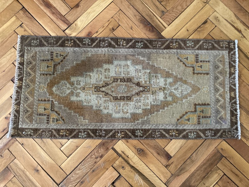 Vintage Turkish Wool Bath Rug 1.4 x 3.1 Ft Brown Handwoven Oriental Small Carpet gallery