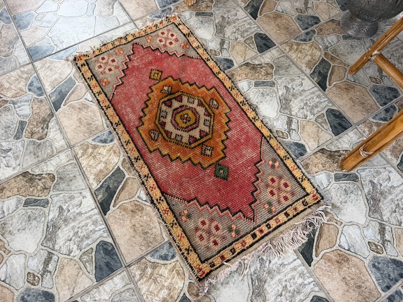 2x3 Vintage Turkish Oushak Rug Small Geometric Rug Accent Entryway Carpet 1990s gallery