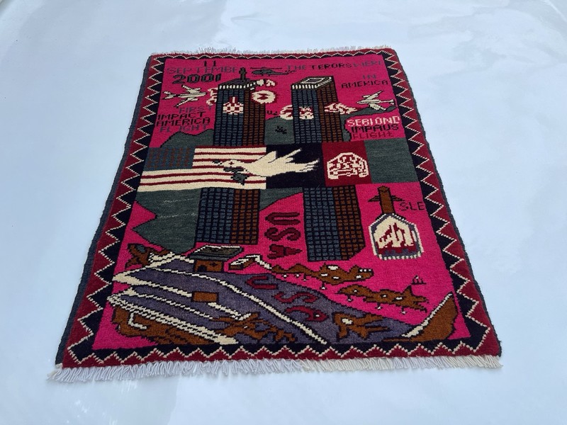 77x60cm Handmade rug 9/11 twin towers War Rug Afghan War Rug Handicrafts #316 gallery