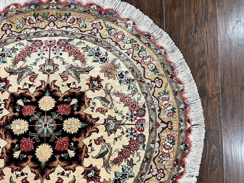 Silk Round Rug 3x3 Very Fine Handmade Carpet 380 KPSI Cream Gold Bird Pictorials gallery