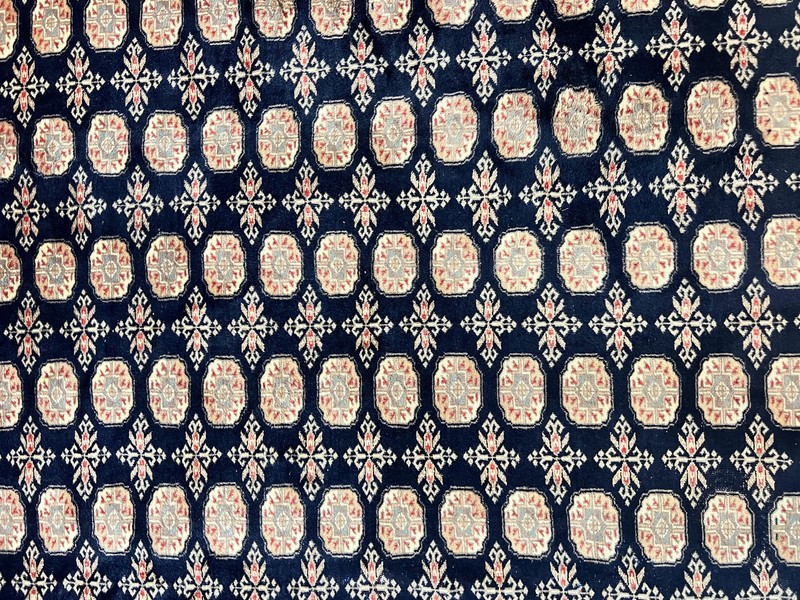 Pakistani Bokhara Rug 8x10 Turkoman Carpet Dark Blue Beige Vintage Handmade Wool gallery