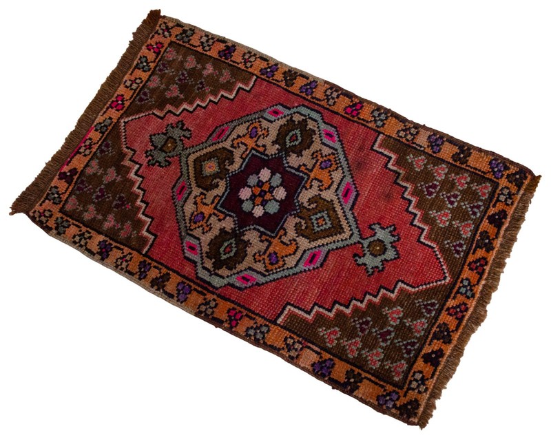 Vintage Distressed Small Area Rug Hand Knotted Oushak Rugs Yastik -1'7" x 2'5" gallery