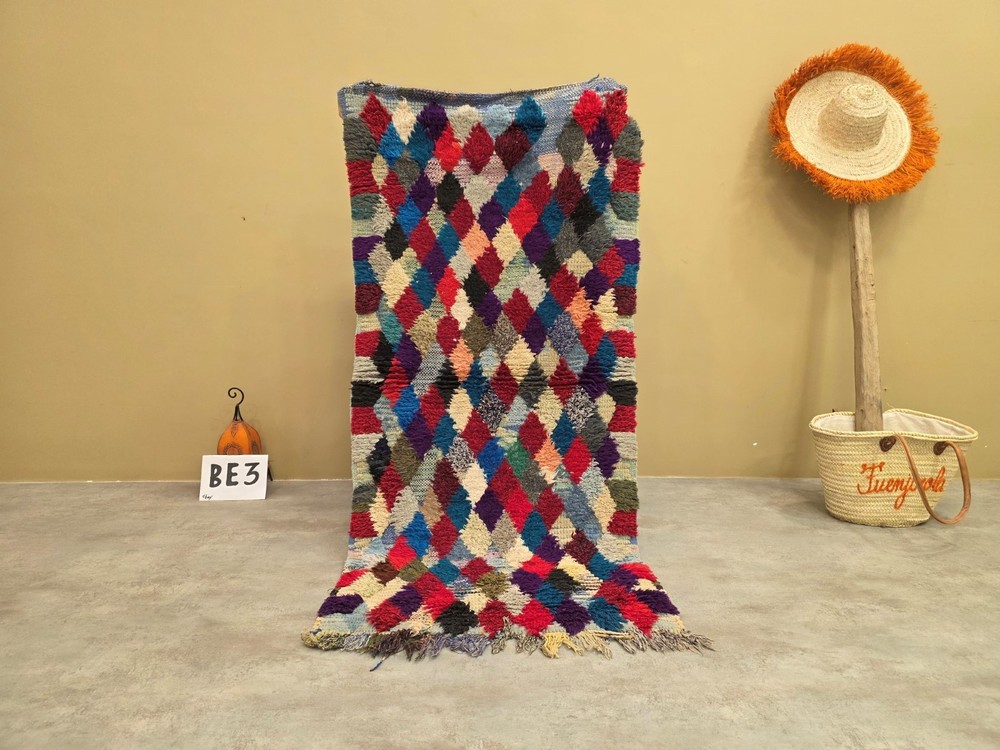 Moroccan Handmade Vintage Runner 2'6"x4'7" Berber Sky blue & Burgundy Cotton Rug