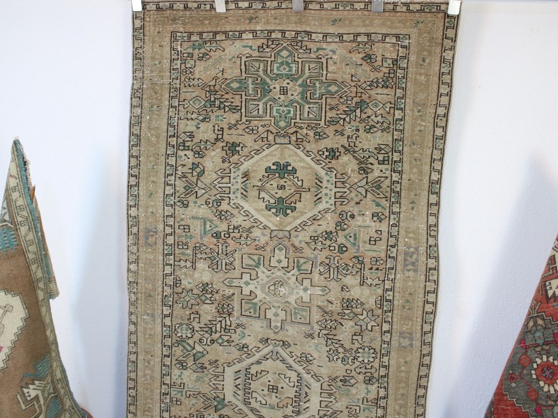 Vintage Hand Knotted Wide Runner Rug Beige Distressed Oushak Style 3.5x10.3 ft gallery