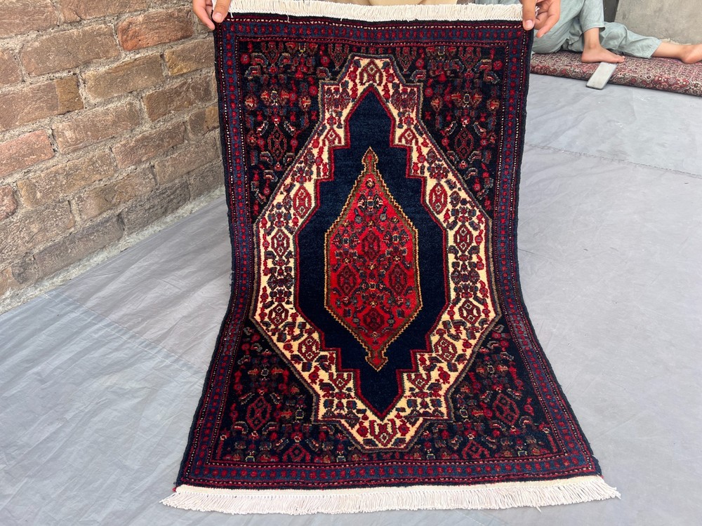 2'1 x 3'5 Vintage Turkish Hand Knotted Tribal Medallion Red Navy Wool Accent Rug