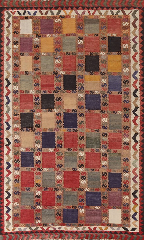 Tribal Checkered Kilim Qqashqaii Area Rug 5x8 Wool Hand-woven Reversible Carpet