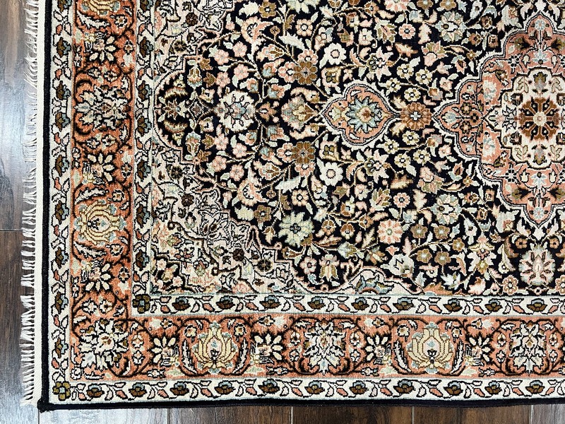Silk Indian Kashmiri Rug 3x5 Silk on Silk Very Fine 350 KPSI Navy Blue Handmade gallery