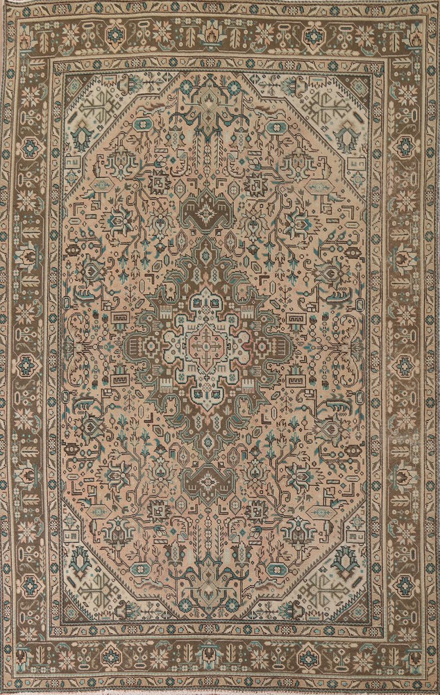 Vintage Geometric Peach Tebriz Area Rug 7x9 Hand-knotted Living Room Carpet