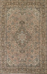 Vintage Geometric Peach Tebriz Area Rug 7×9 Hand-knotted Living Room Carpet