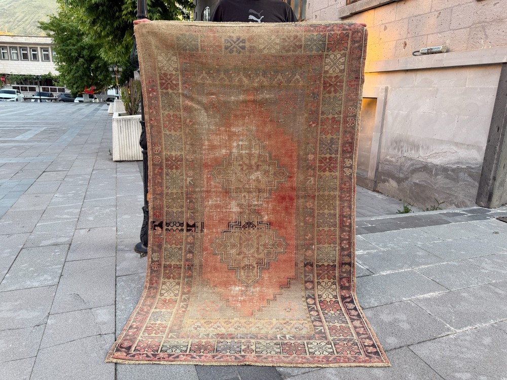 Muted Terracotta Rug 3.8x6.2 ft Vintage Turkish Tribal Wool Carpet