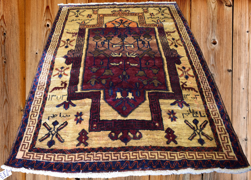 Rug. Handmade Wool Area Rug 5 x 7'5 Vintage Signed Dated Geometric Animal Design gallery