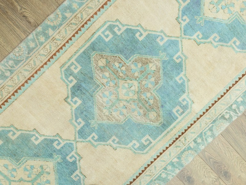 Hand-Knotted Turkish Oushak Wide Runner 4x11 ft – Cream Aqua Coastal Hallway Rug gallery
