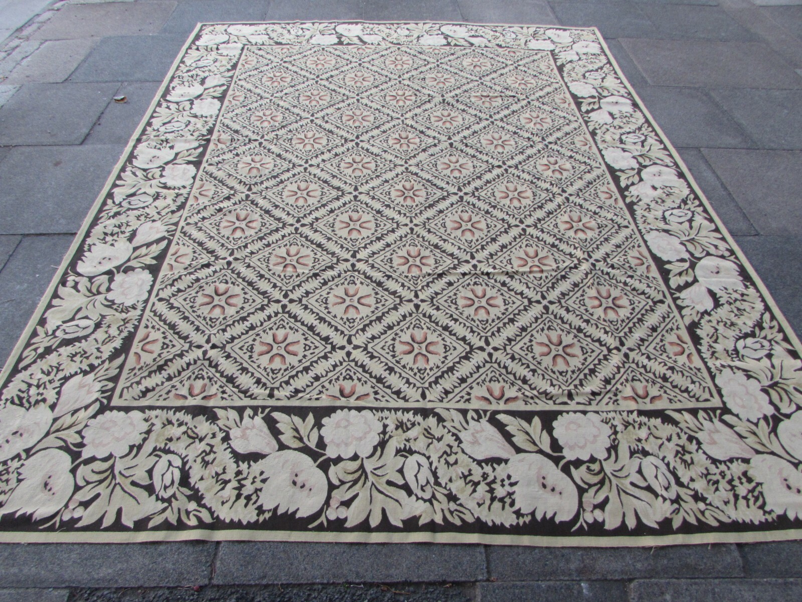Vintage Hand Made French Design Wool Black Beige Original Aubusson 308X239cm gallery