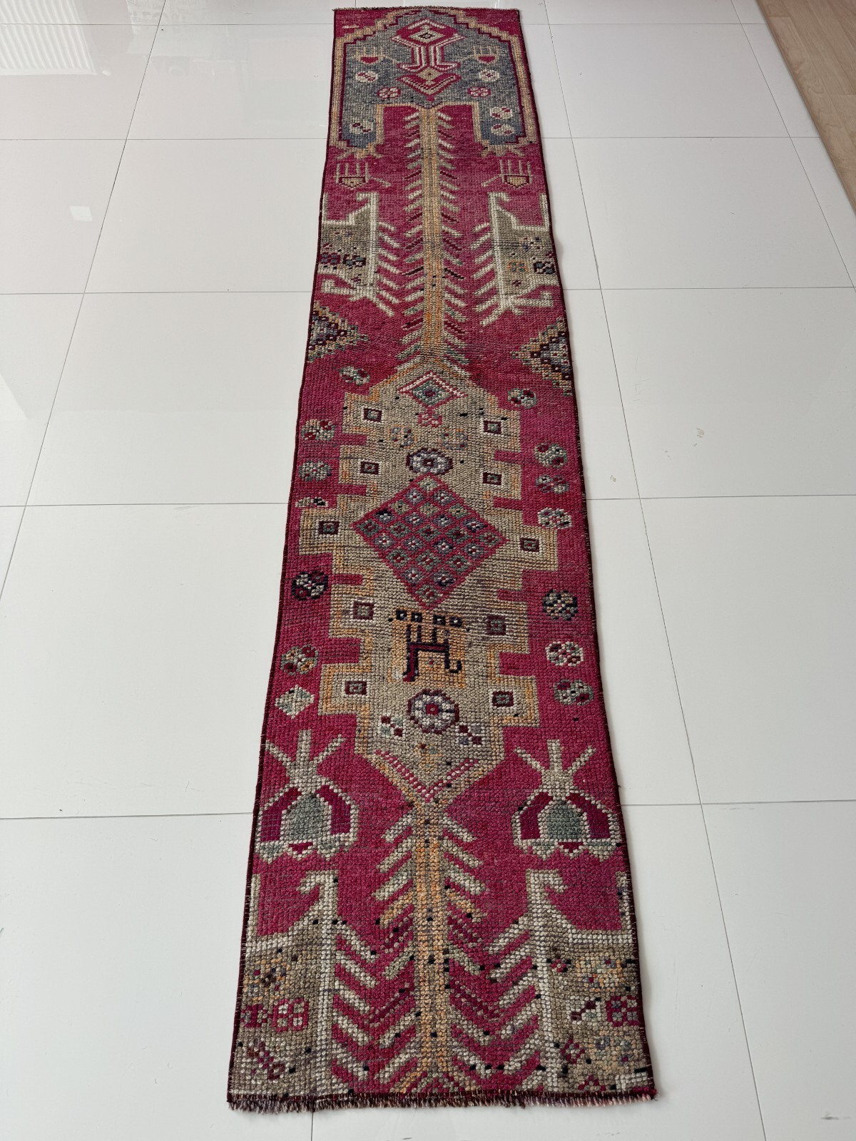 Vintage Handmade Oushak Runner, 2x9 Turkish Rug in Pink Gray Beige gallery