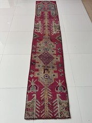 Vintage Handmade Oushak Runner, 2×9 Turkish Rug in Pink Gray Beige