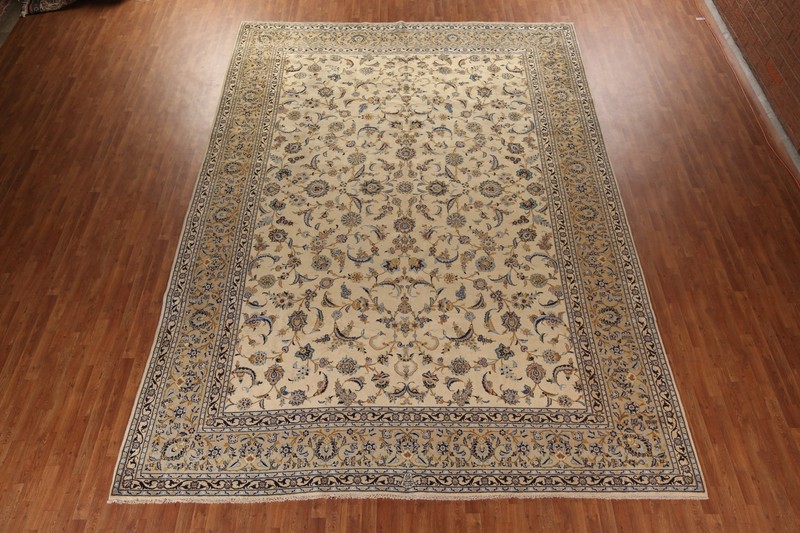 Vintage Ivory Wool Handmade Floral Kashaan Palace size Rug 11x16 Living Room Rug gallery