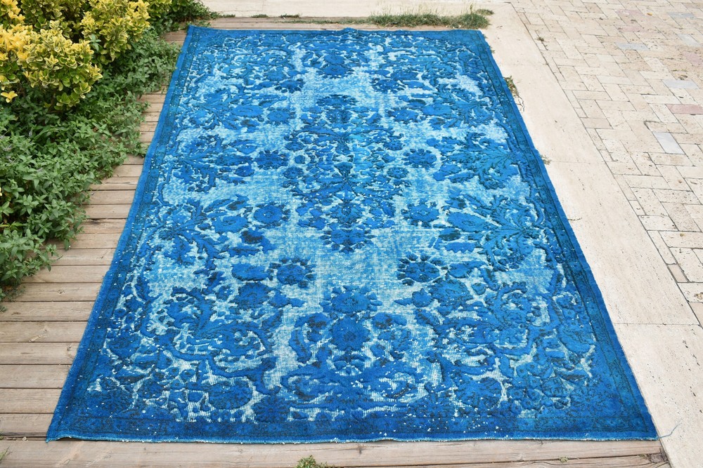 Turkish Rug 5x9 Handwoven Oushak Rug 178x286cm Overdyed Wool Embossed Blue Rug