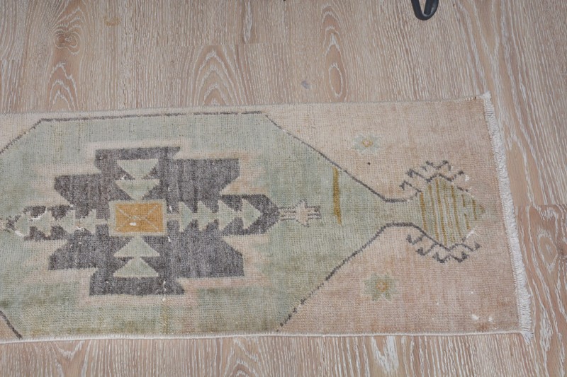 Vintage Turkish Mini Rug 1'3x3 ft, Small Oushak Rug | Faded Orange Green Mat gallery
