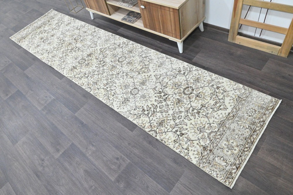 Vintage Turkish Runner Rug 2x10ft BEIGE Handmade Anatolian Oushak Hallway Wool