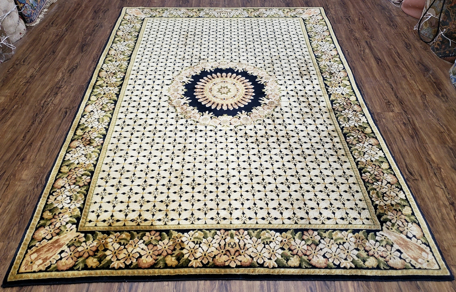 Indian Rug with Tibetan Weave 6x8 - 6x9 Rugs Indo Carpet Black and Cream Floral gallery