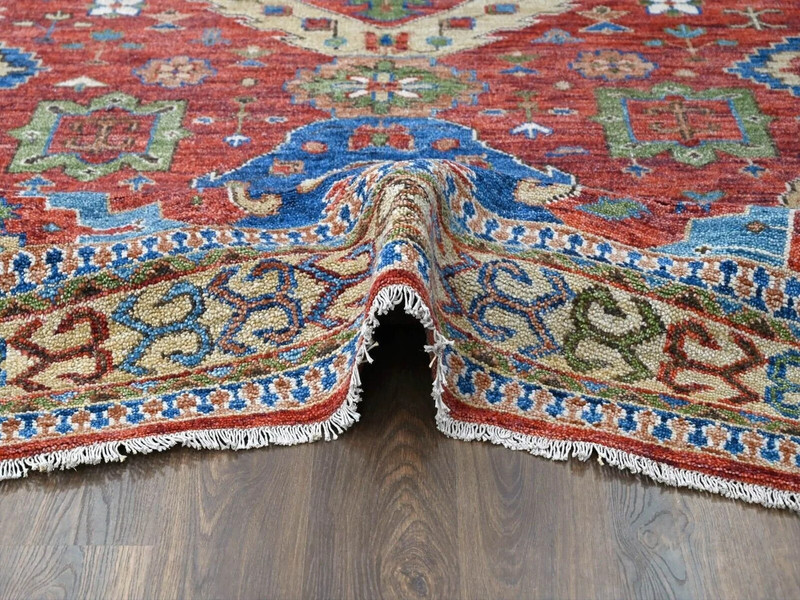 12'0" x 14'10" Coral Red with Touches of Blue and Green, Heriz Design Rug gallery