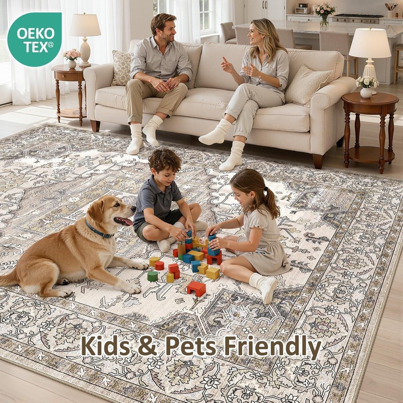 6x9 Washable Area Rugs for Living Room: Non Slip Vintage Brown Rug, Large Sof... gallery