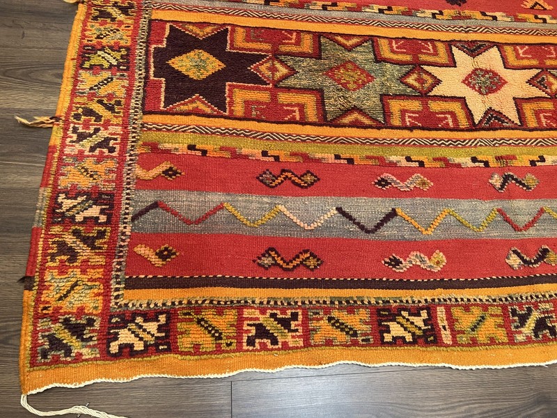 Unique Moroccan Rug 7x10 Room Sized Kilim with Raised Pile Red Orange Gray Boho gallery