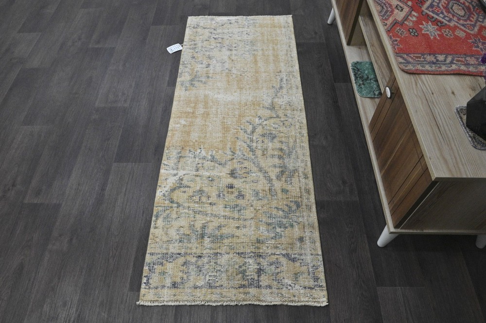 Vintage Turkish Runner Rug 2x5ft BEIGE Handmade Anatolian Oushak Hallway Wool