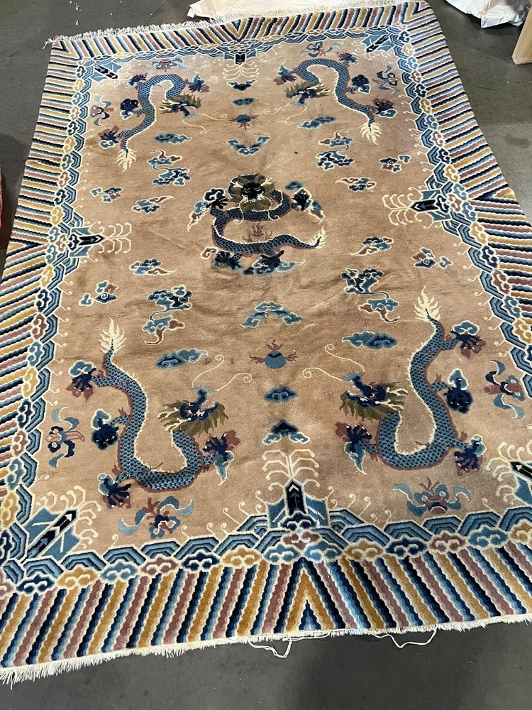 Antique blue Oriental silk rug with dragons 117" x 80"- hand knotted