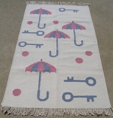 Vint Hand Woven Rug Kilim Flat weave Wool 3×5 LN Keys Pink Blue balls Umbrellas
