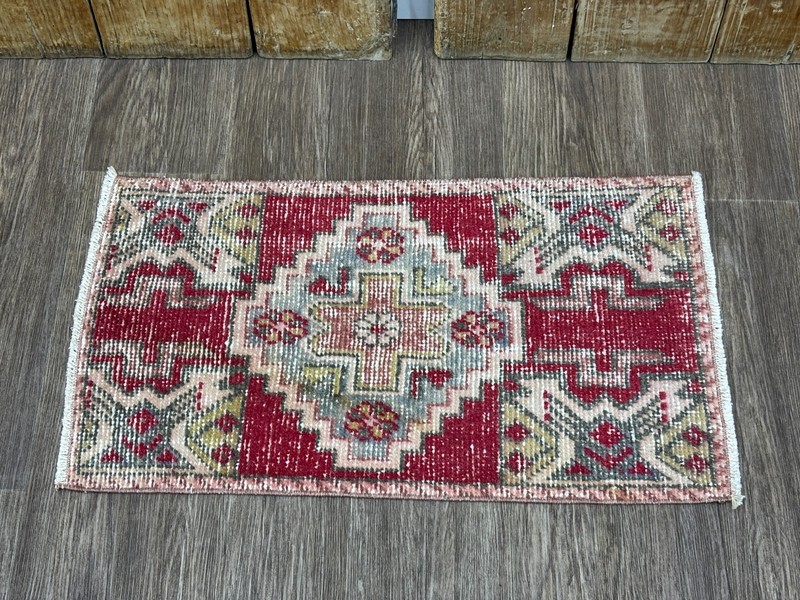 1x3 Vintage Red Tribal Turkish Door mat, Hand-Knotted Wool Rug, Bathroom Rug gallery