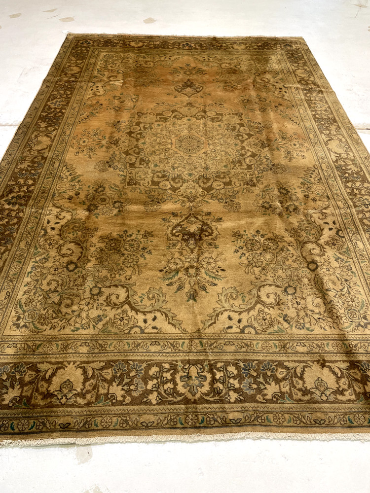Antique Oriental Hand-Knotted Wool Area Rug Tea Washed Beige/Blue 6'5" x 9'11"