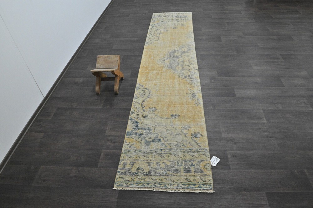 Vintage Turkish Runner Rug 2x11ft Wool Anatolian Handmade Hallway Oushak YELLOW
