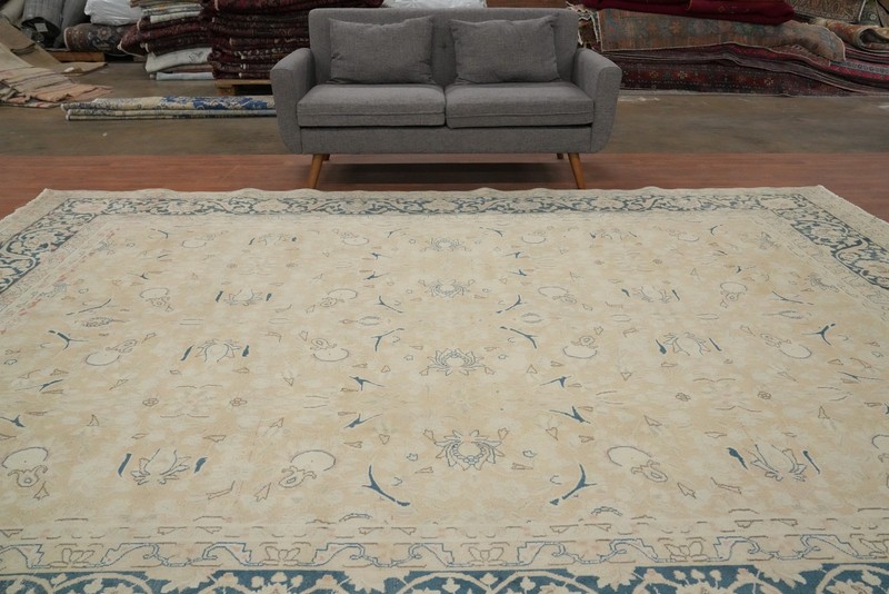 Vegetable Dye Beige/ Blue Handmade Wool Traditional Room Size Area Rug 10x13 gallery
