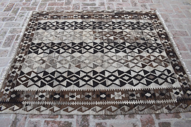 Handwoven Afghan Tribal Wool Kilim Area Rug Striped Geometric Brown Earthy Tones gallery