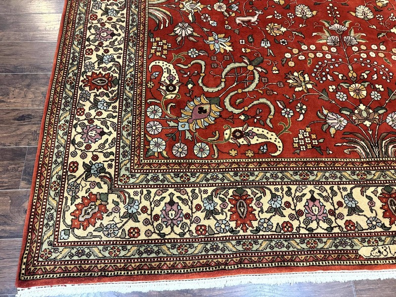 Romanian Rug 10x13 Vintage Handmade Wool Carpet Floral Birds Signed Red & Cream gallery
