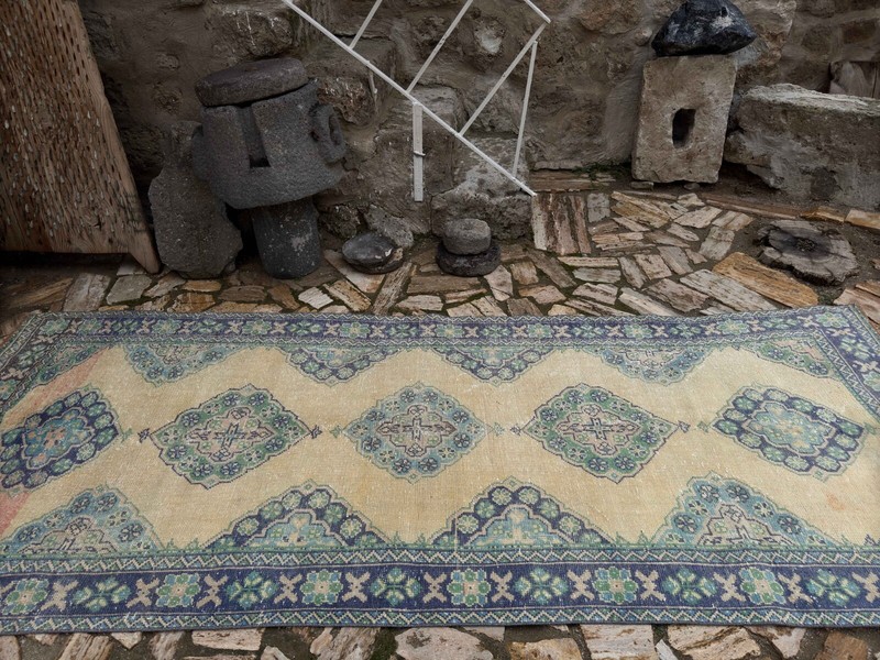 Hand-Knotted Vintage Blue Carpet 4x11 Traditional Muted Area Living Room Rug gallery