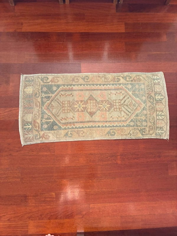 Vintage Turkish Rug 2x4 Small Runner Muted Sage Green Pink Wool Hand Knotted Mat gallery