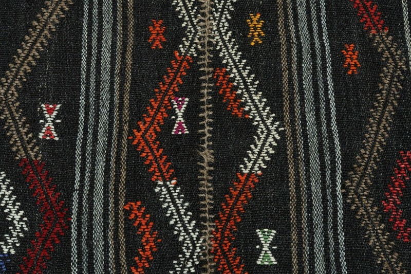 Anatolia Turkish Tribal Kilim Embroidered Black Gray Rug Wool Floor Rug 55"x108" gallery