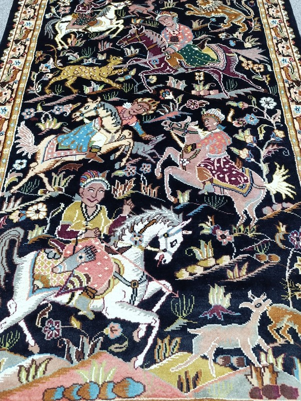 Vintage Kashmiri Hunting Scene Pictorial Rug Hand Knotted Wool 4.2x6.3 gallery