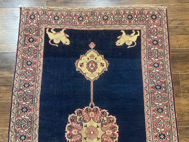 Antique Per'sian Rug 4x6 Semi Open Field Navy Blue Lion Pictorials gallery